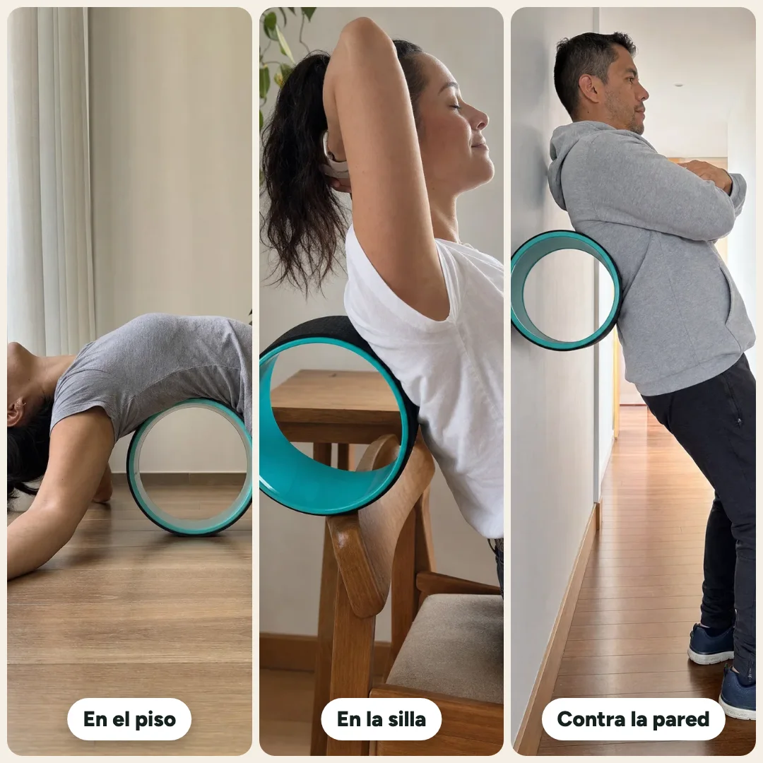 Tres formas de usar la rueda: en el piso, en la silla y contra la pared